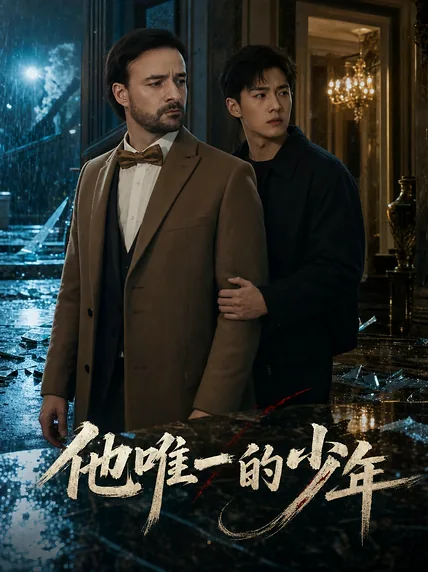 雨夜街景中两位男士并肩的短剧海报，撑伞与西装礼服的氛围